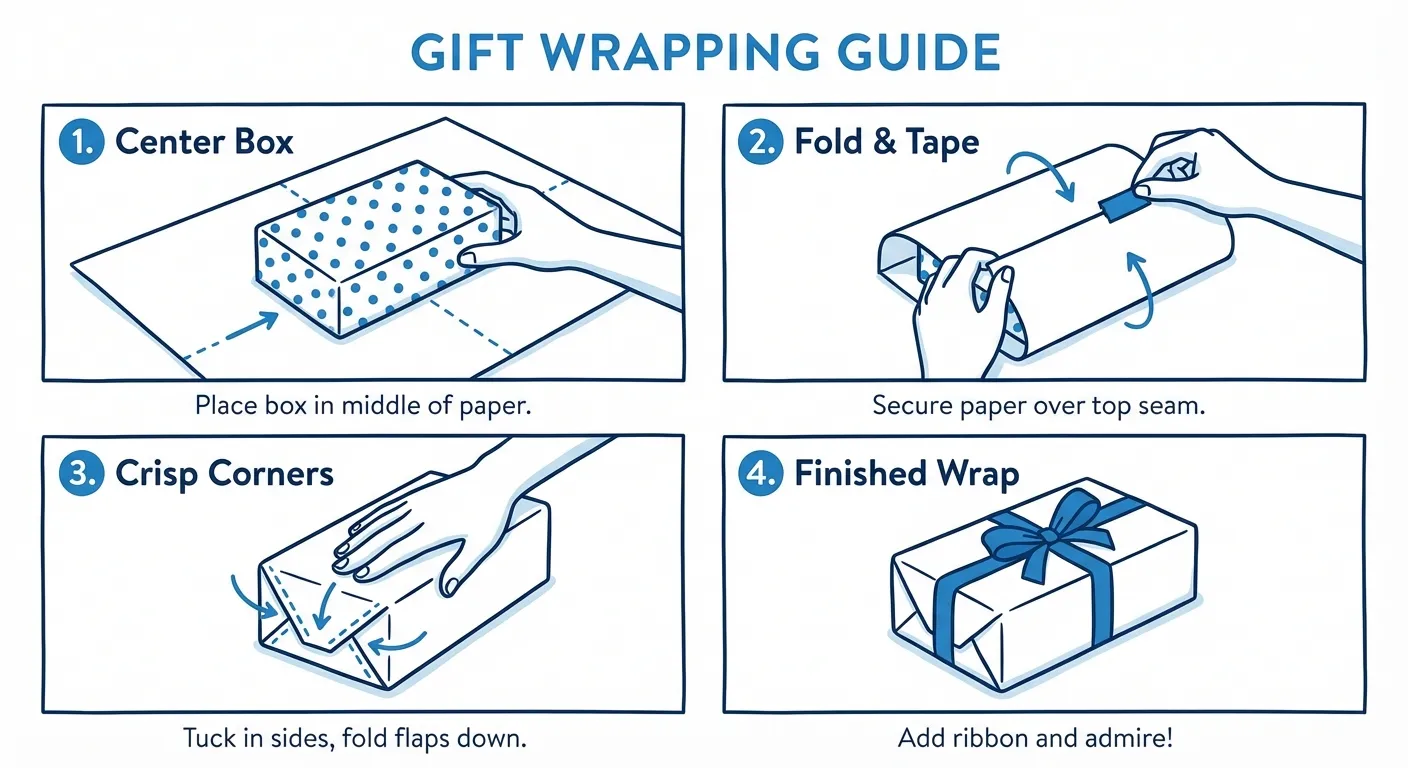 Step-by-step gift wrapping technique illustrations