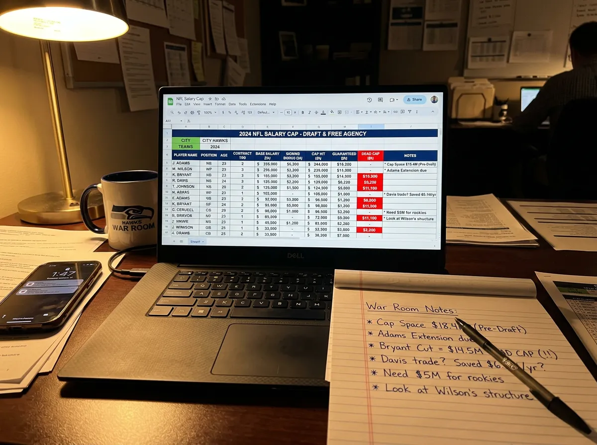 NFL salary cap spreadsheet showing dead money calculations and contract figures