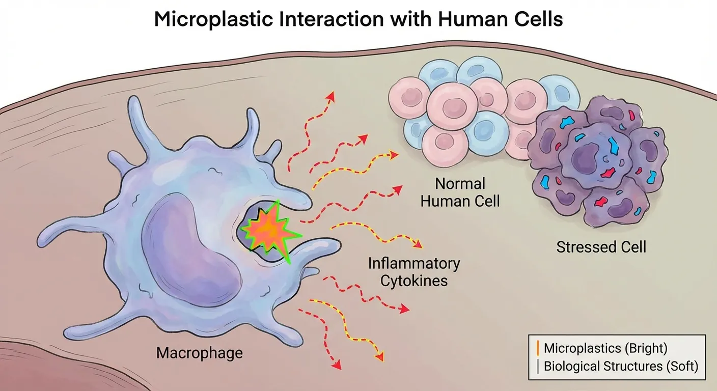 Scientific illustration showing microplastic particles interacting with human cells and immune response