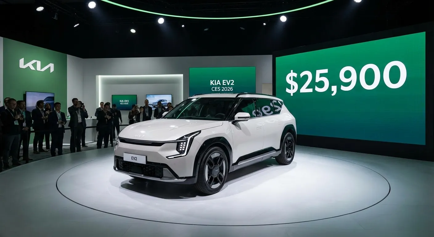 Kia EV2 electric car on display at CES 2026 showroom with price tag visible