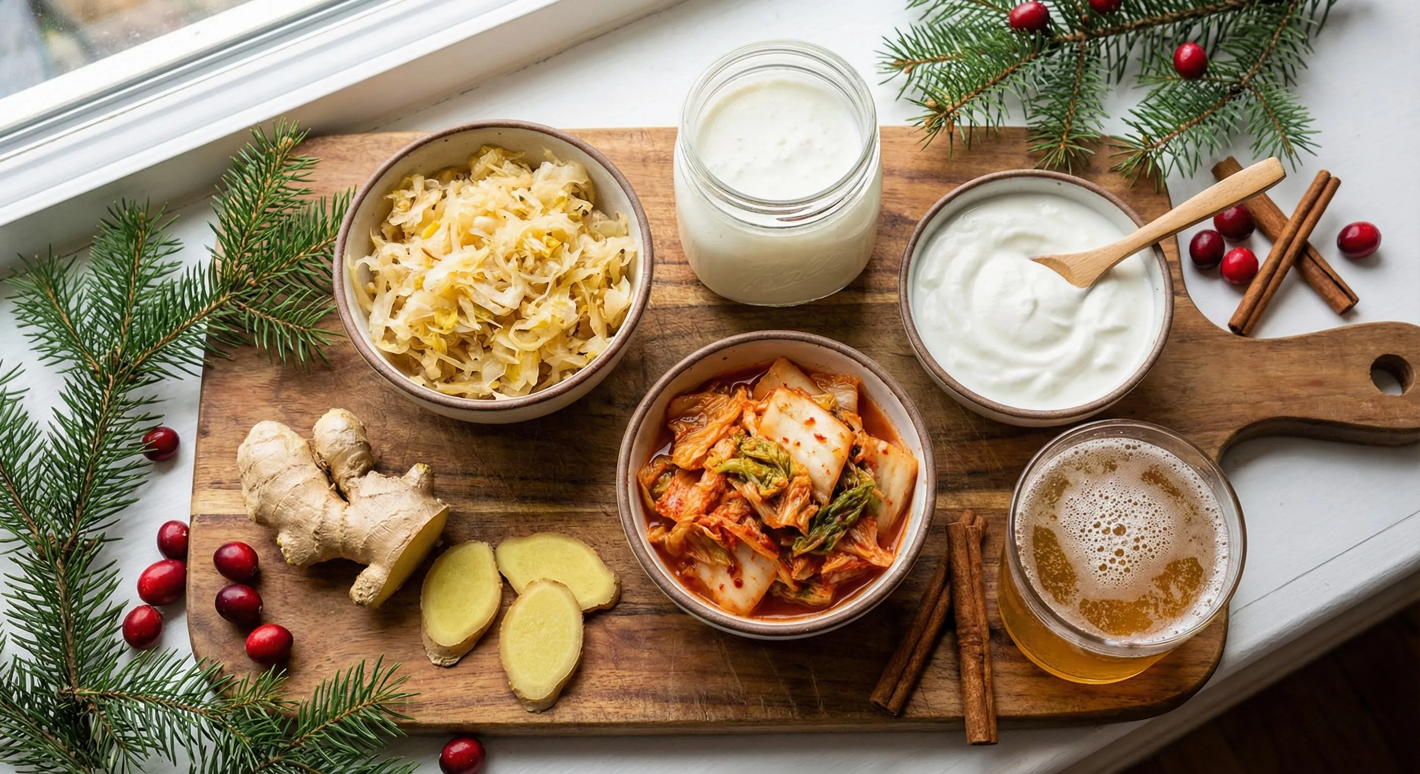 Variety of fermented foods and probiotic-rich ingredients arranged on a wooden board with holiday decorations