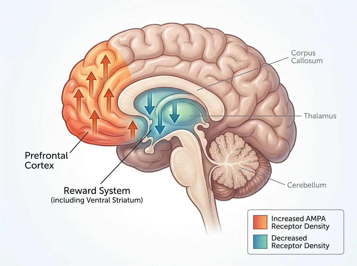 Diagram comparing AMPA receptor density changes in cortical and reward regions of the brain
