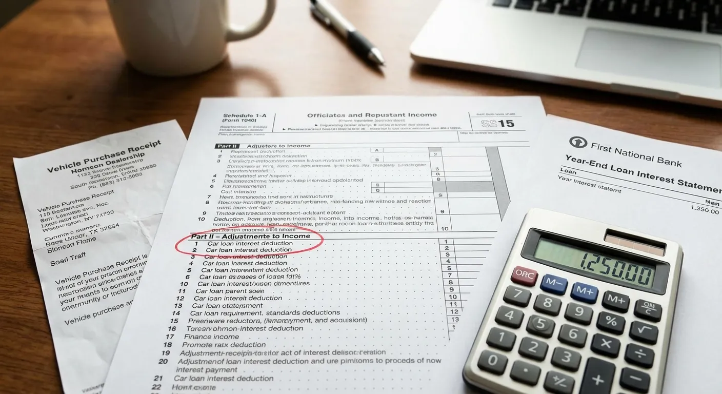 IRS Schedule 1-A form with car loan interest deduction section highlighted