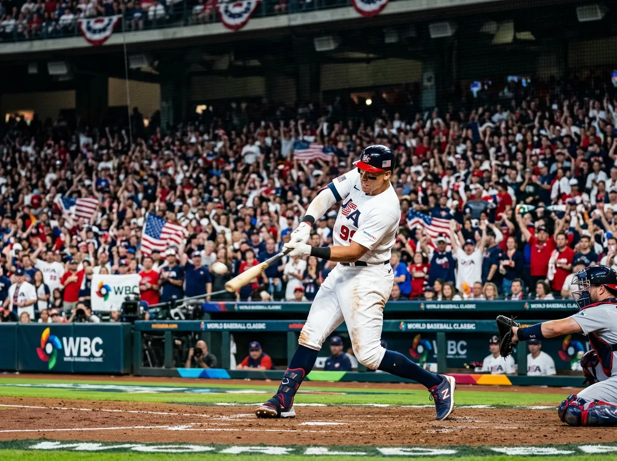 Aaron Judge at bat in Team USA uniform during World Baseball Classic pool play