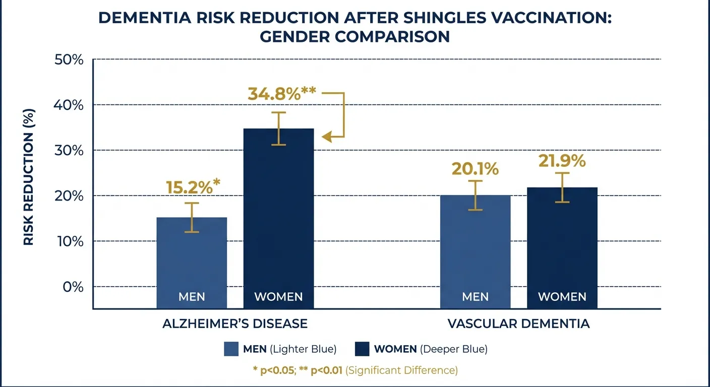 Bar chart comparing dementia risk reduction in men versus women after shingles vaccination