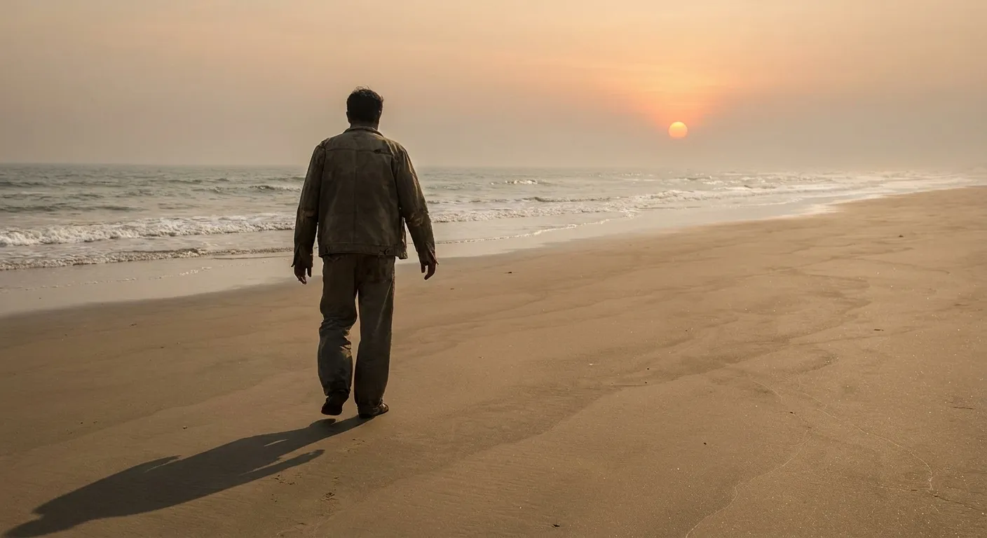 Person walking slowly along an empty beach at sunset, no phone visible