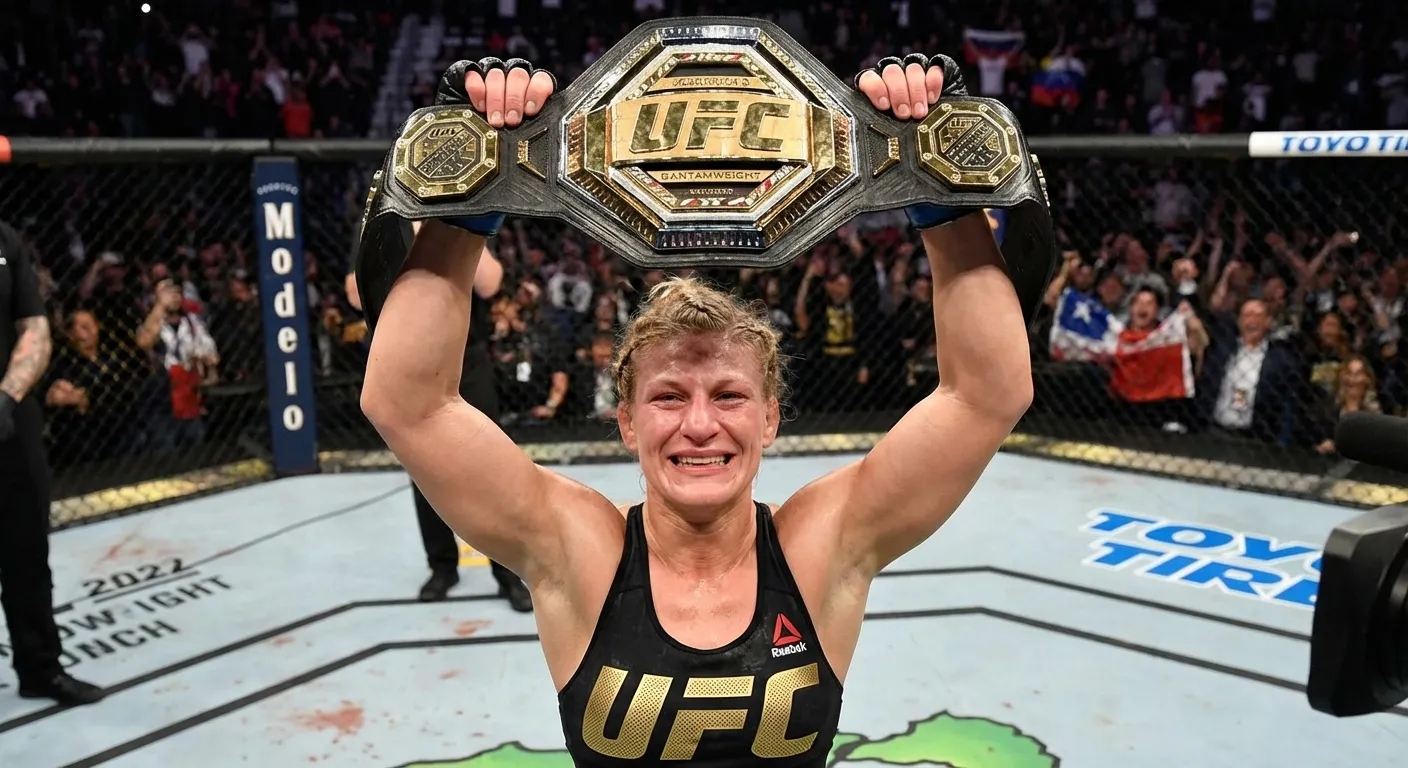 Kayla Harrison holding UFC bantamweight championship belt overhead