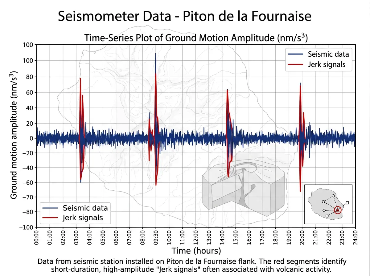 Diagram showing seismometer data with jerk signal spikes before a volcanic eruption