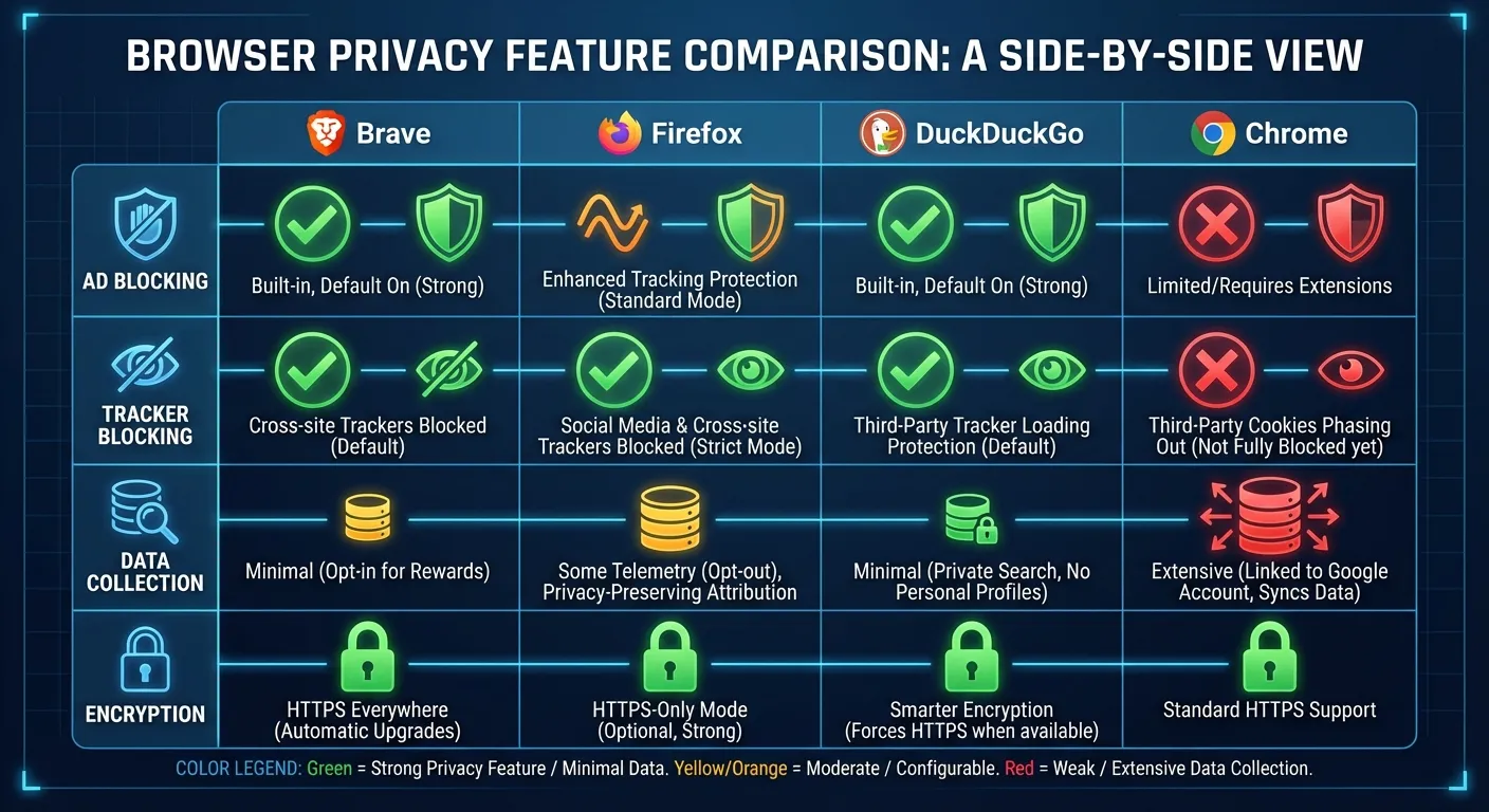 Privacy-focused browser comparison chart showing tracking protection features