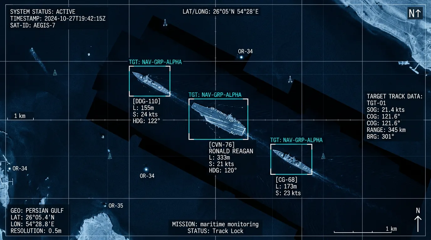 Satellite view of military vessels in the Persian Gulf region with data overlay