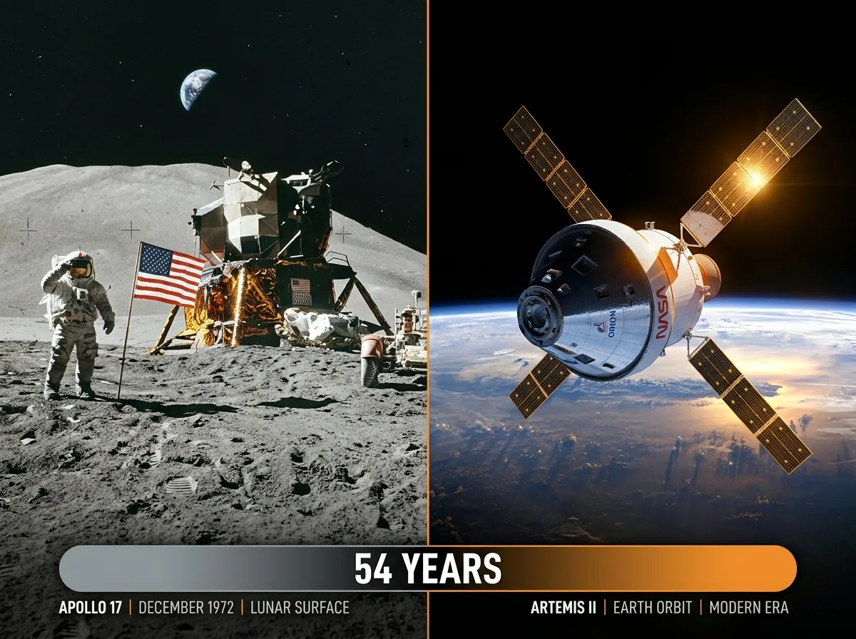 Split image comparing Apollo 17 astronaut on the moon in 1972 with Artemis II Orion capsule in 2026