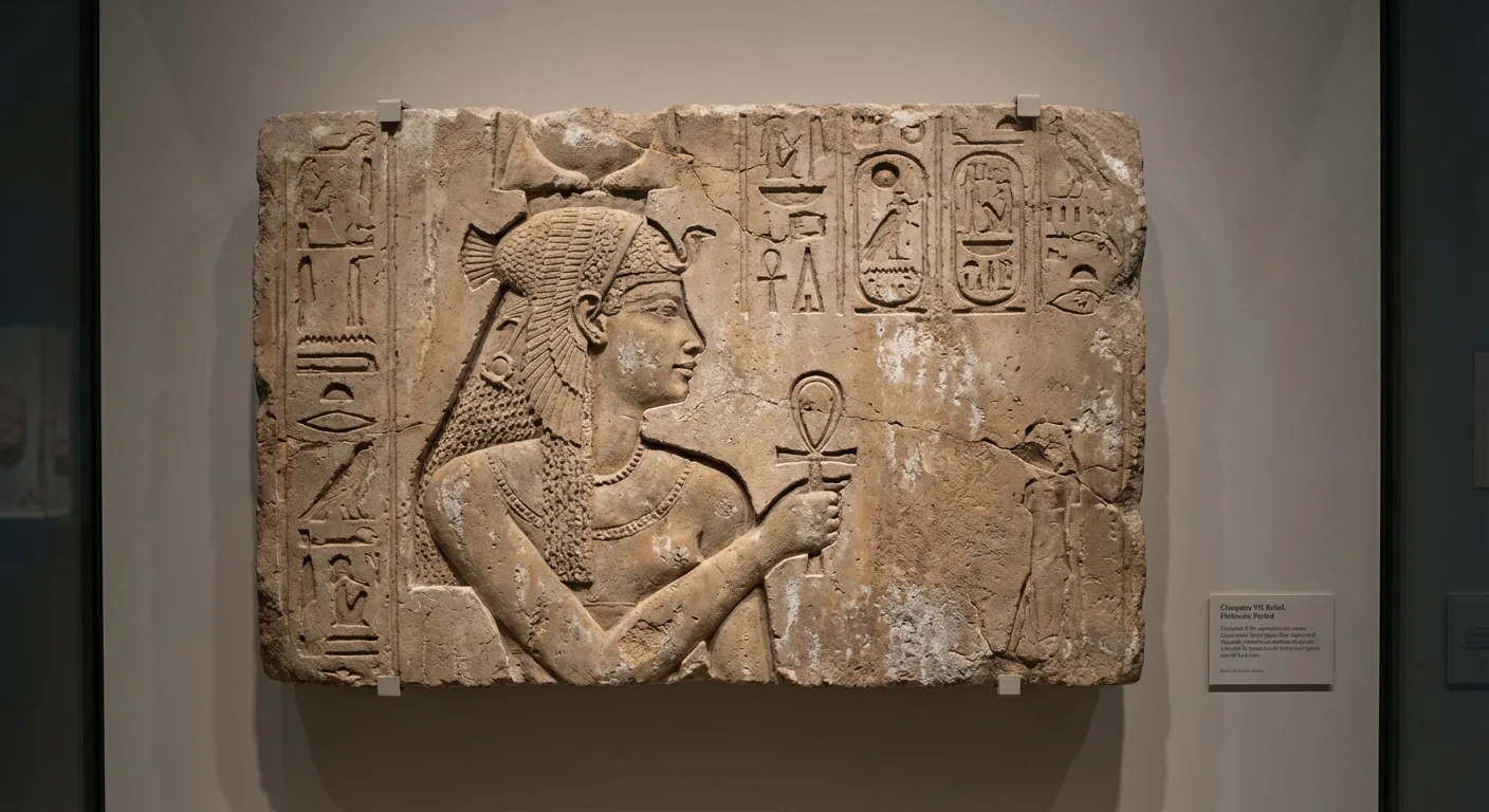 Ancient relief carving depicting Cleopatra VII in traditional Egyptian royal style