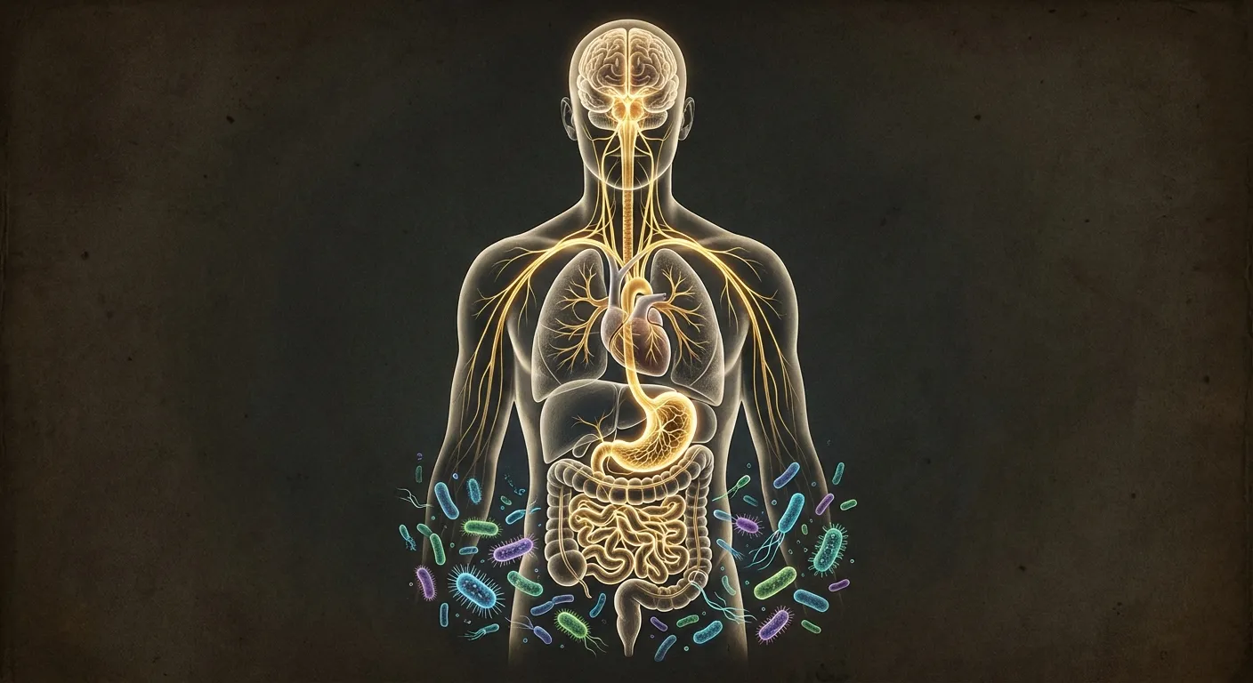 Anatomical illustration showing the vagus nerve connecting the brain to the digestive system