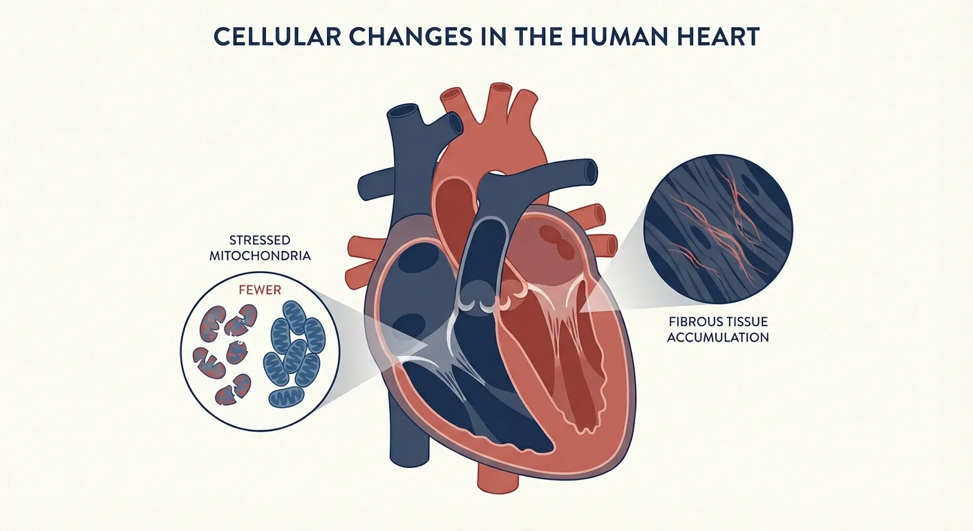 Anatomical illustration of human heart showing cellular changes and energy production pathways affected by diabetes
