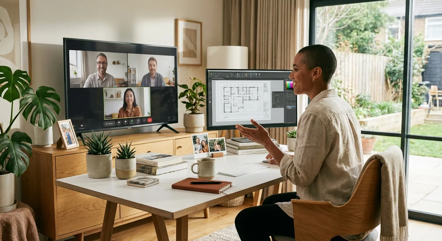 Professional working at modern desk with multiple screens and collaborative tools