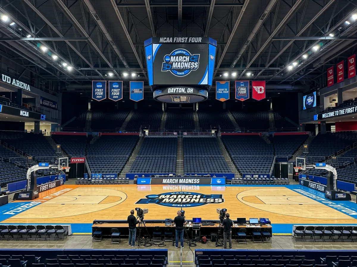 Dayton Arena court setup for the NCAA First Four games with tournament branding