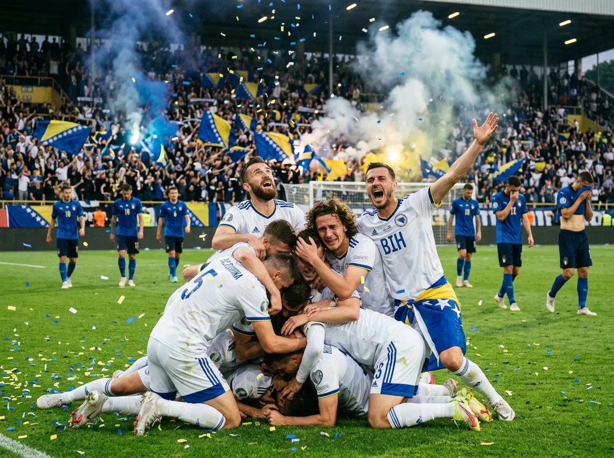 Bosnian soccer players celebrating wildly in a pile on the pitch after qualifying
