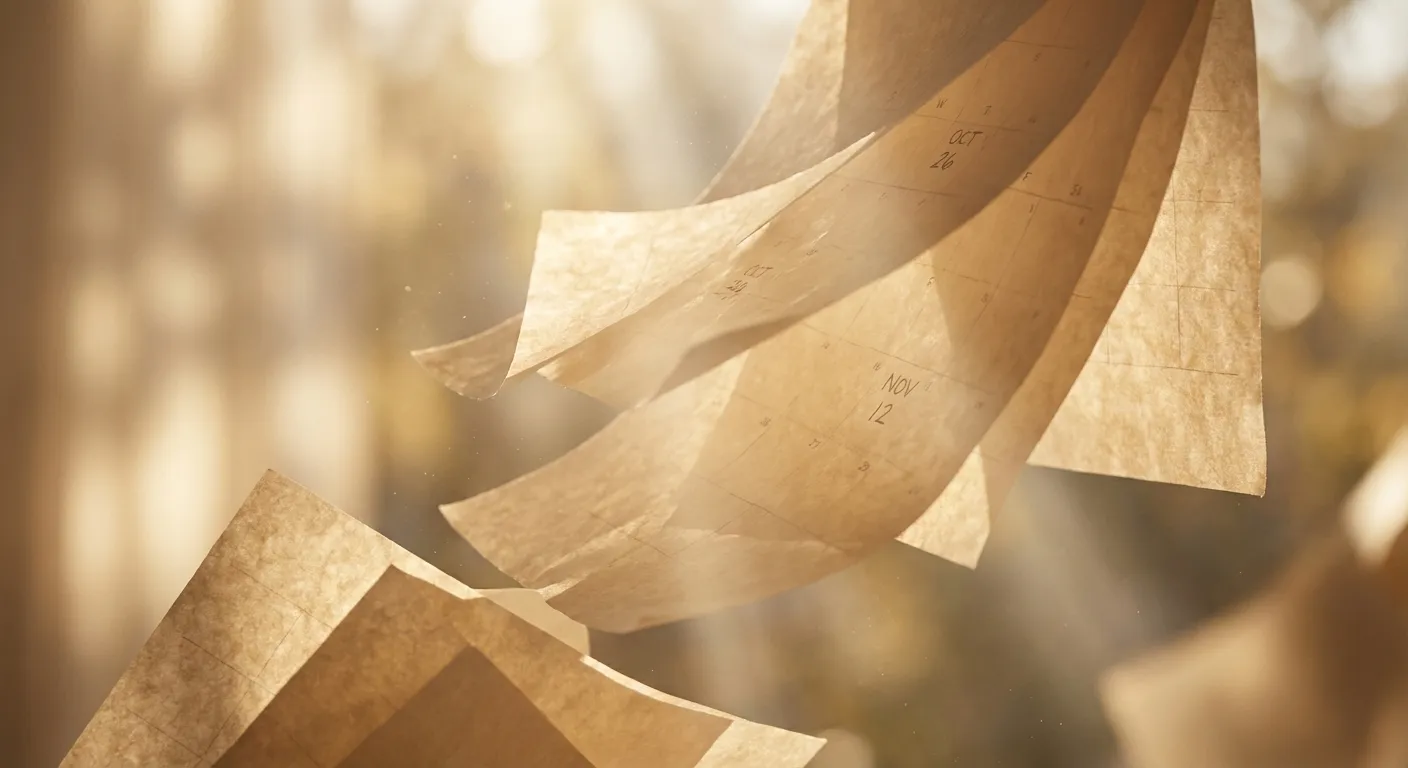 Calendar pages turning with light streaming through symbolizing passage of time and fresh starts