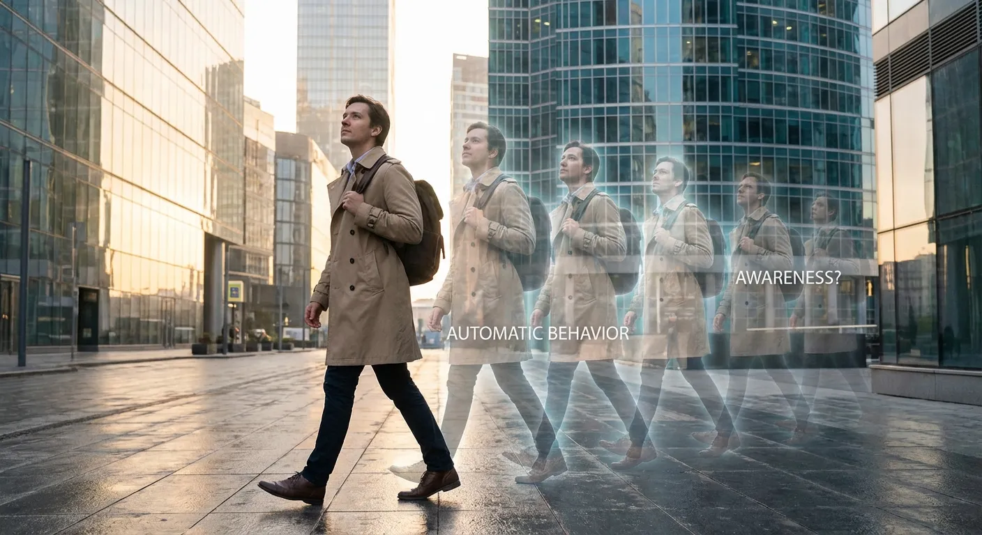 Person walking familiar path with ethereal visualization of repeated patterns around them