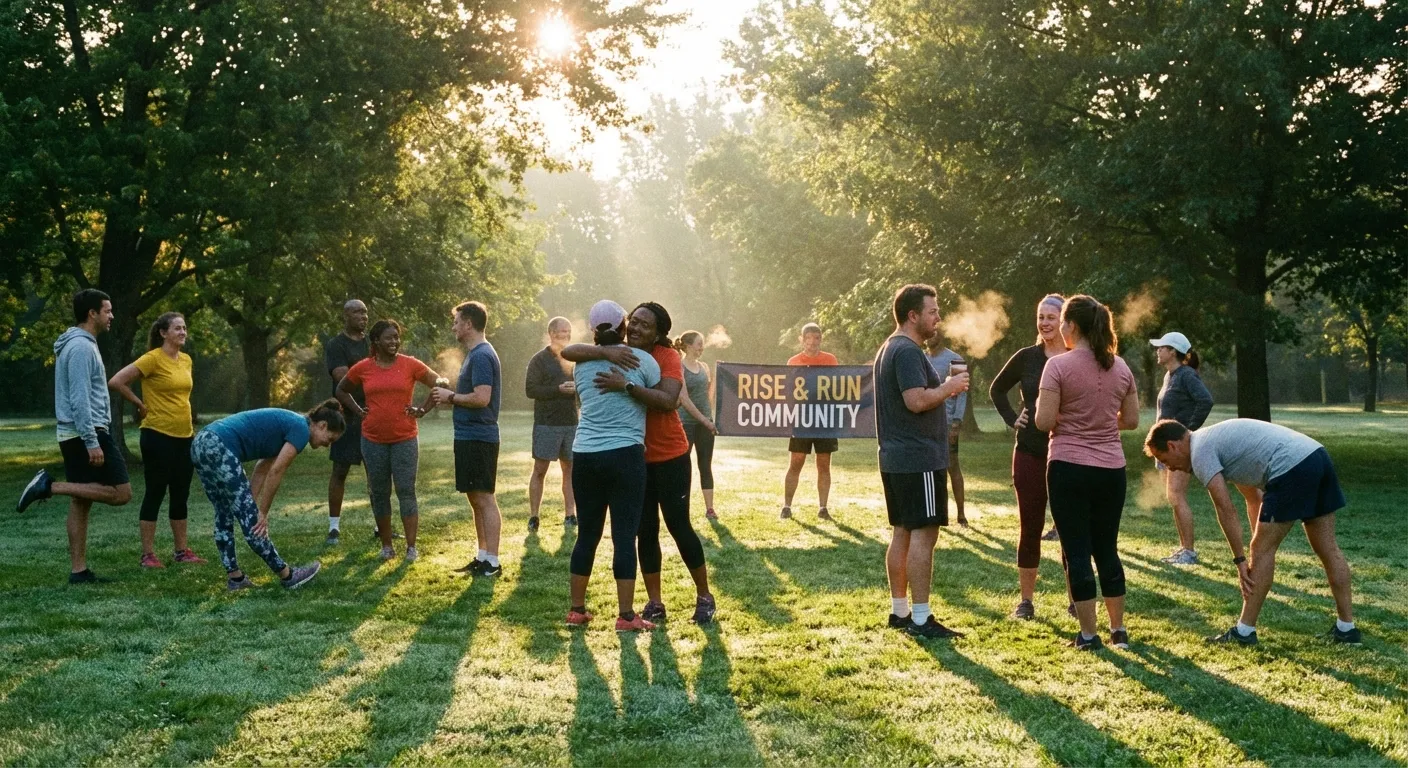 Running club group stretching together before morning run in park setting