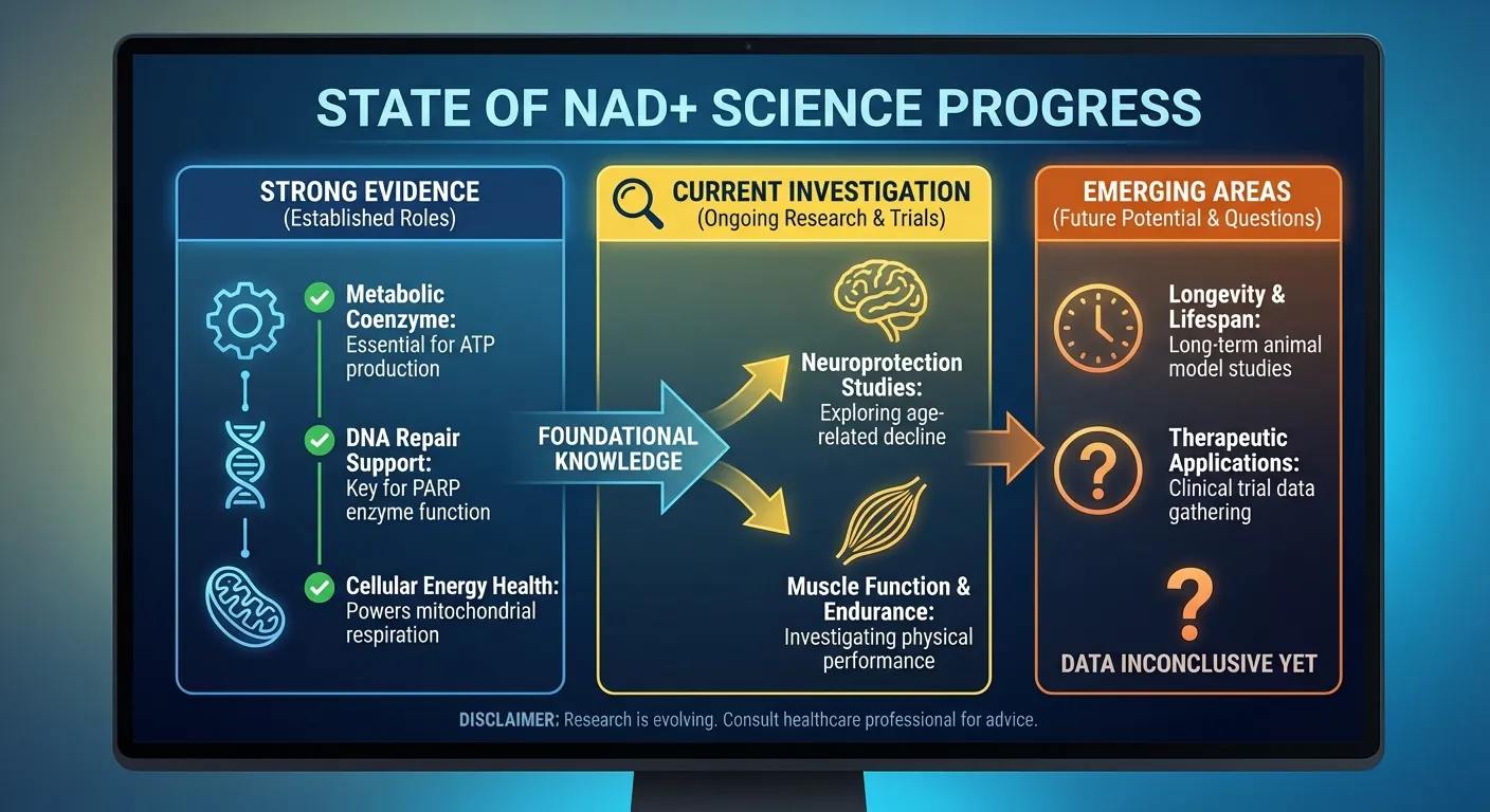 Research timeline showing animal studies, early human trials, and what remains unknown about NAD+ supplementation