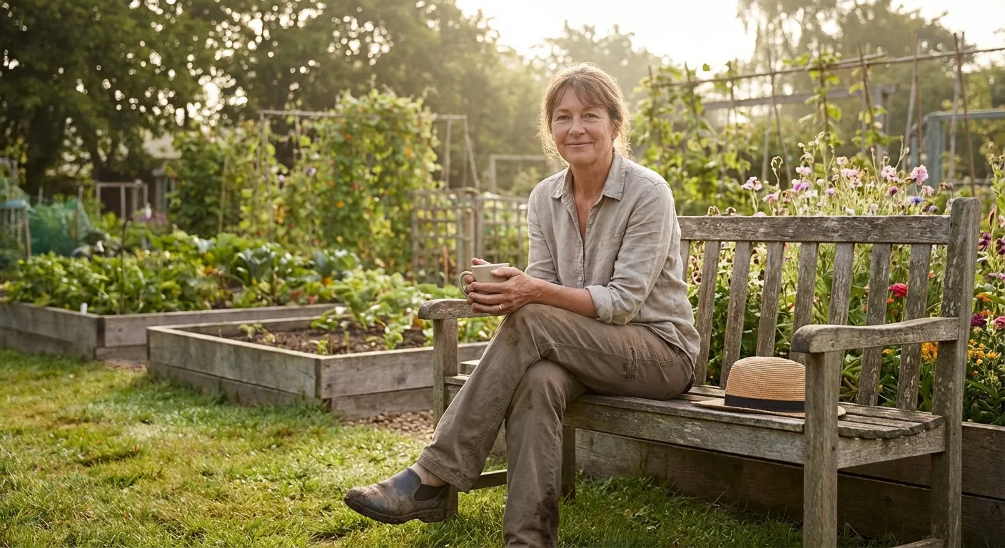 Person sitting peacefully in a garden, looking content after a morning of community service