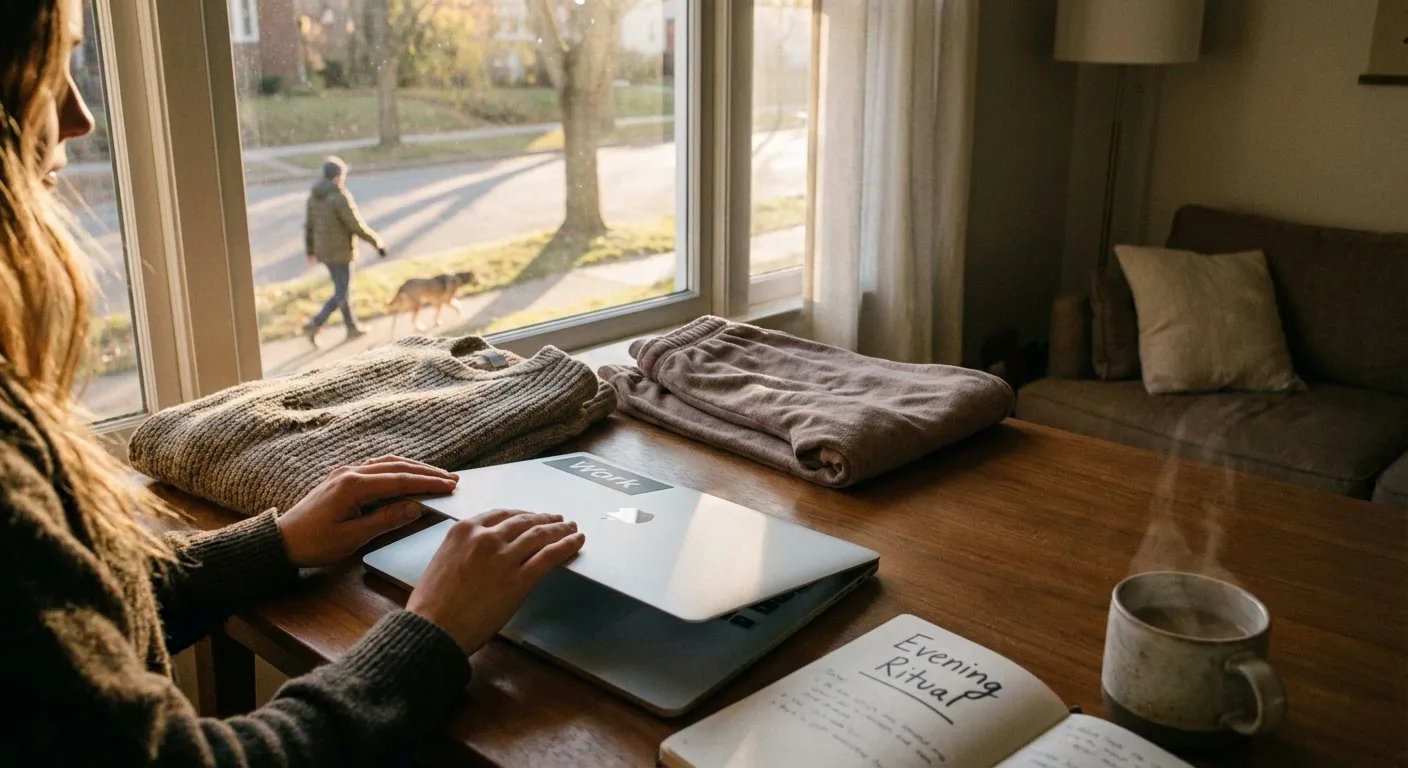 End of workday ritual with laptop closed and transition to personal time