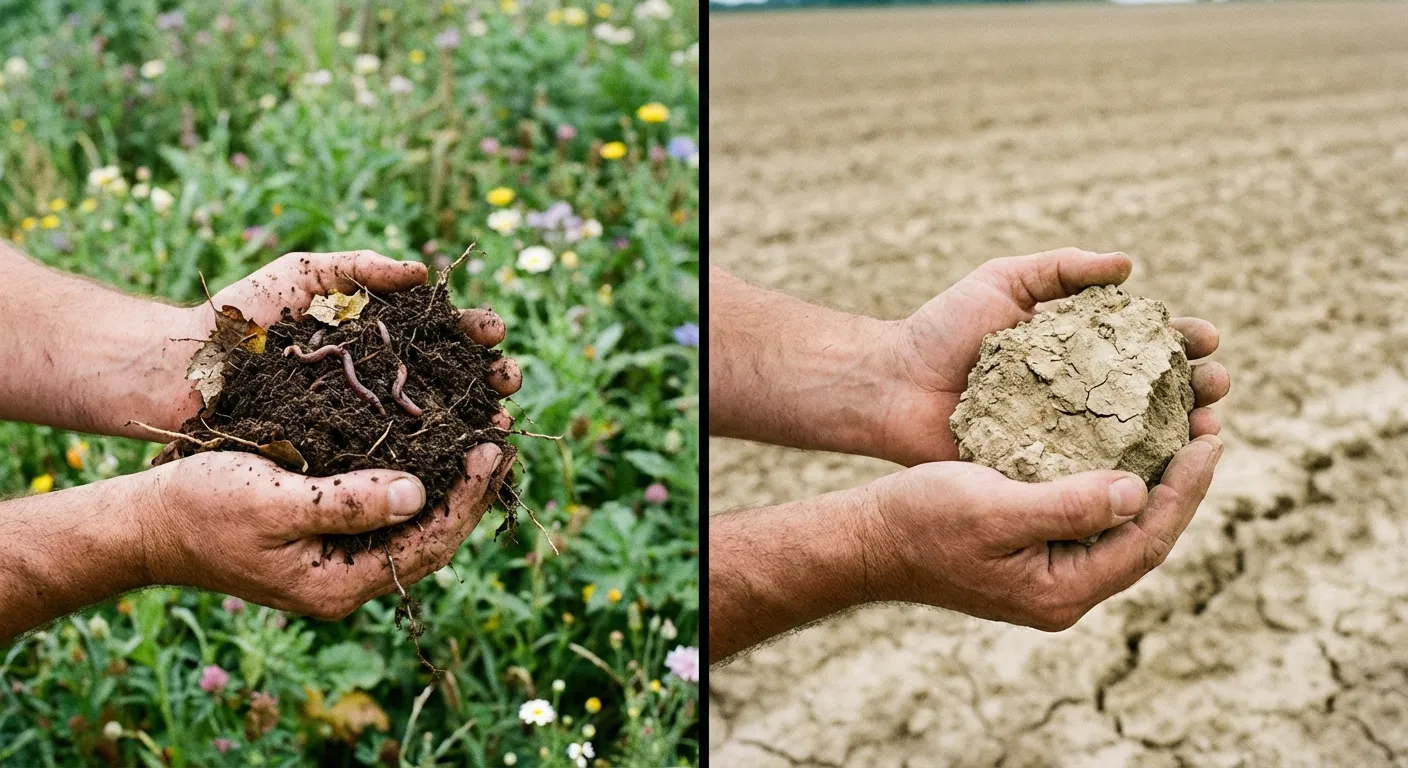 Side-by-side comparison of regenerative soil rich with organic matter versus depleted conventional farmland soil