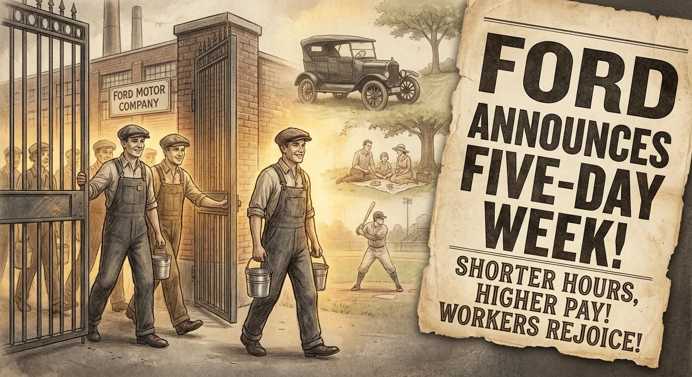 Henry Ford's assembly line workers and a 1926 newspaper headline about the five-day work week