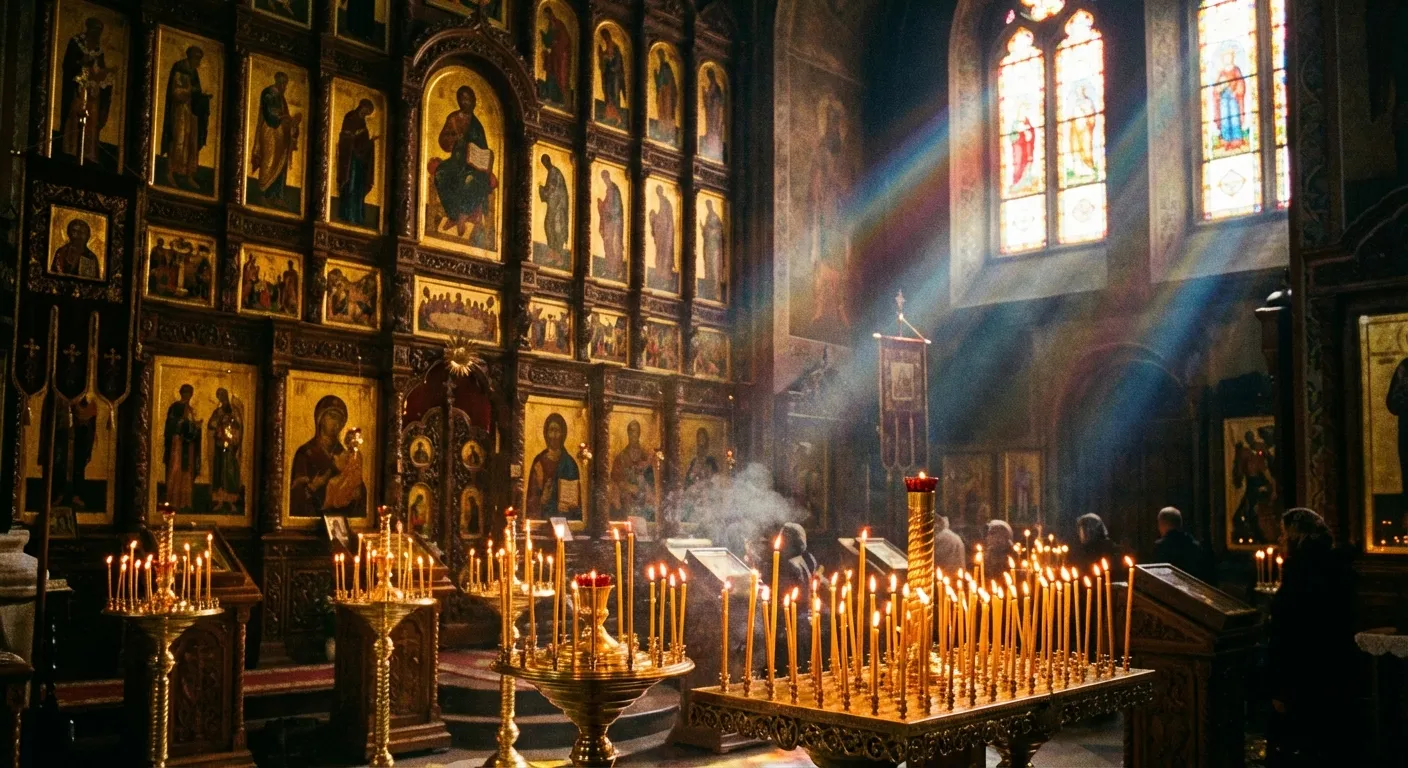 Interior of an Orthodox church with golden icons and flickering candles