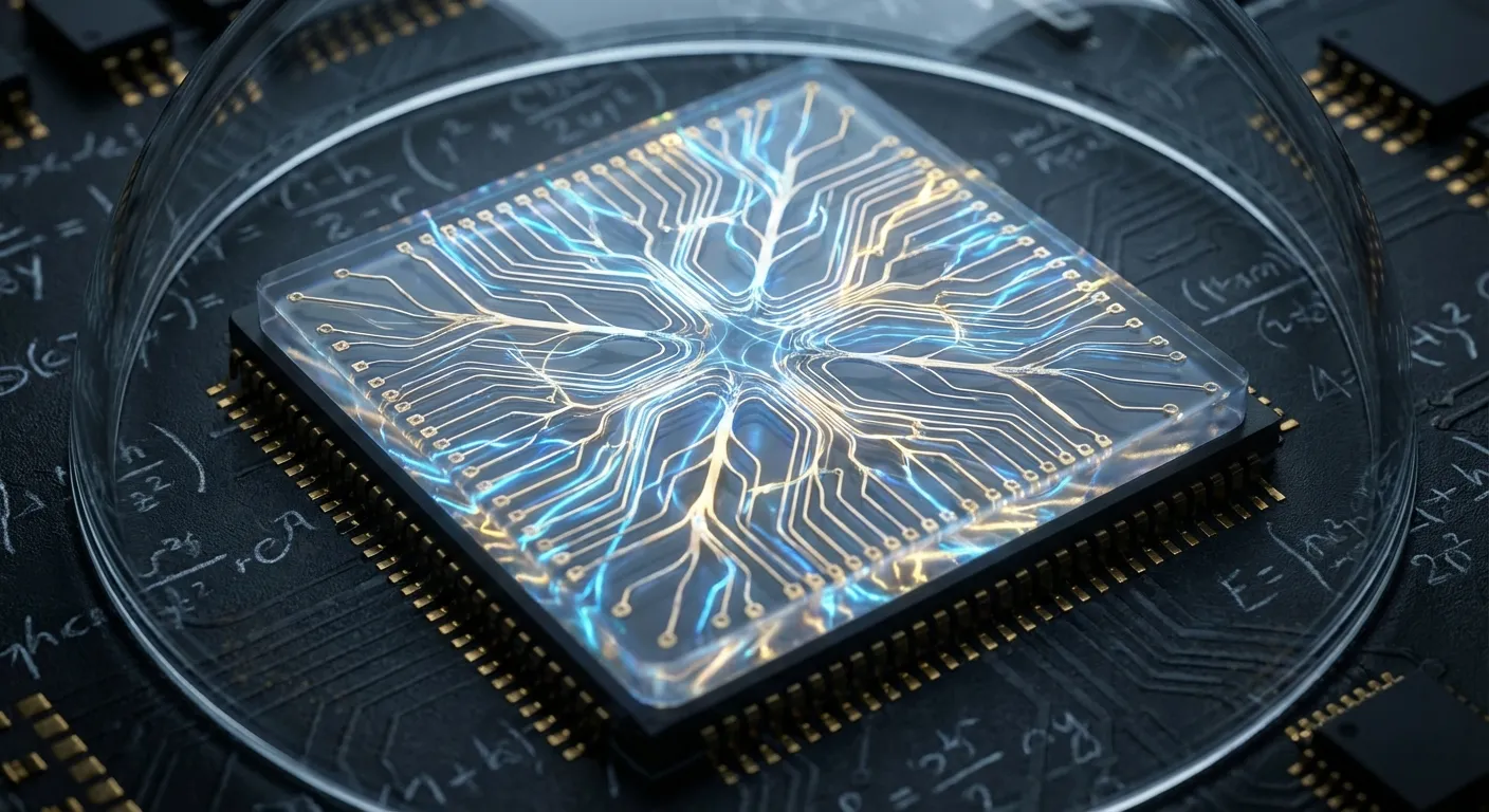 A neuromorphic computer chip with neural network patterns glowing against a dark circuit board