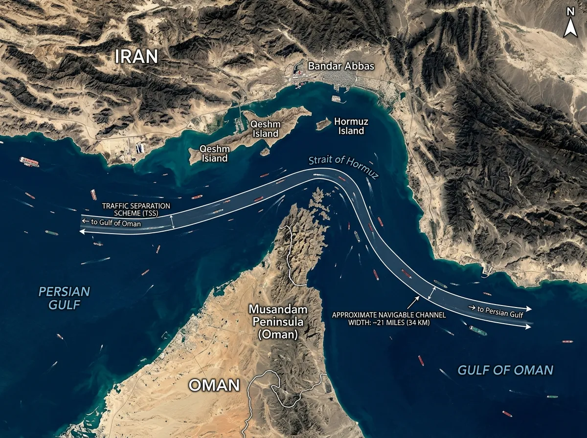 Aerial view of the Strait of Hormuz showing narrow waterway between Iran and Oman
