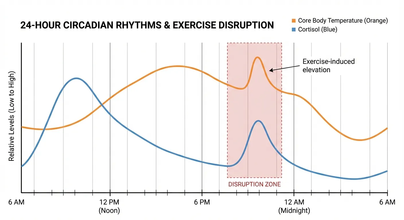 Graph showing core body temperature and cortisol patterns across 24 hours with exercise timing effects