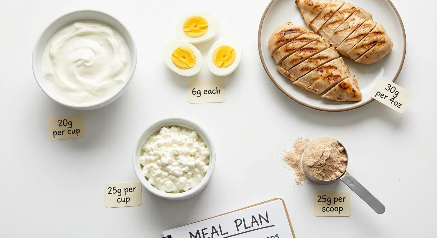 High-protein foods arranged showing protein content: Greek yogurt, eggs, chicken, cottage cheese