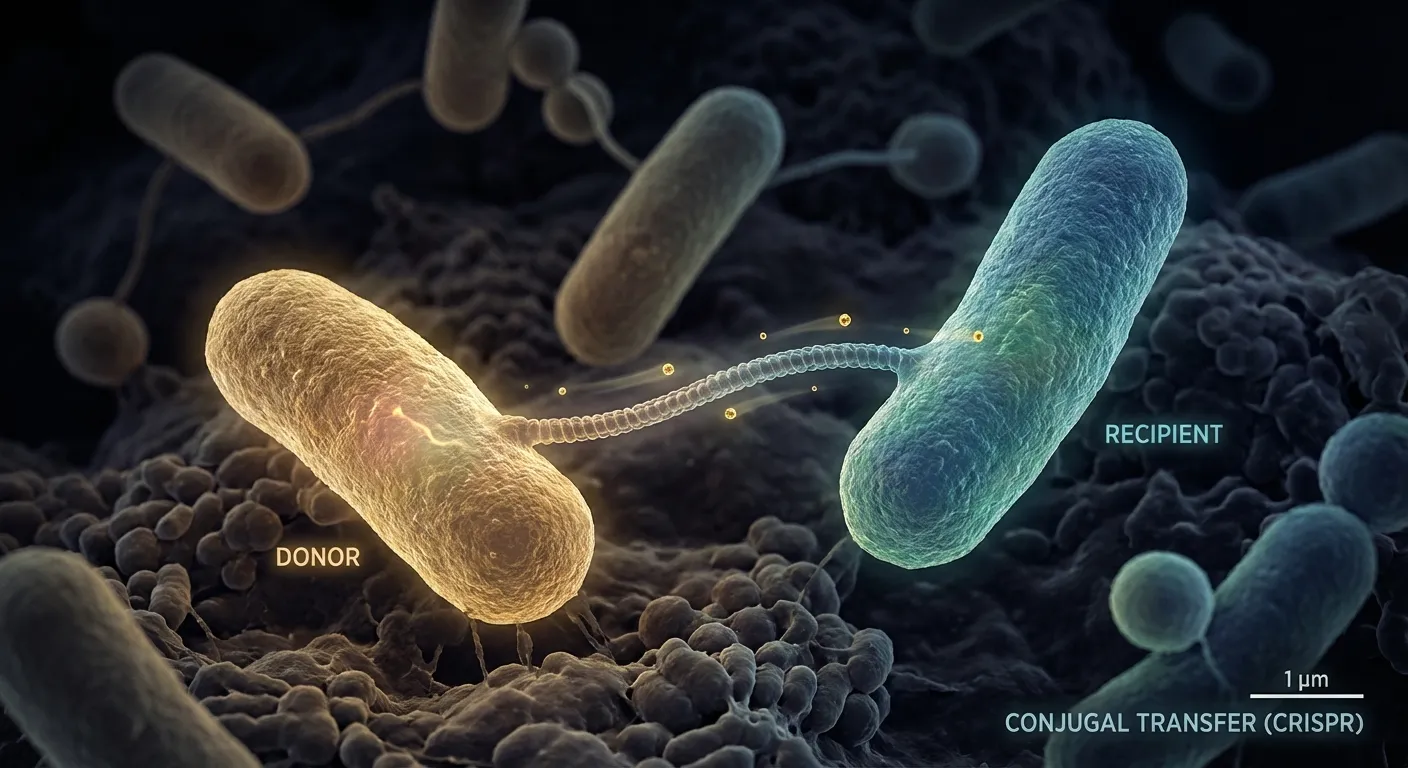 Microscopic image of bacterial conjugation showing pilus connection between two bacterial cells