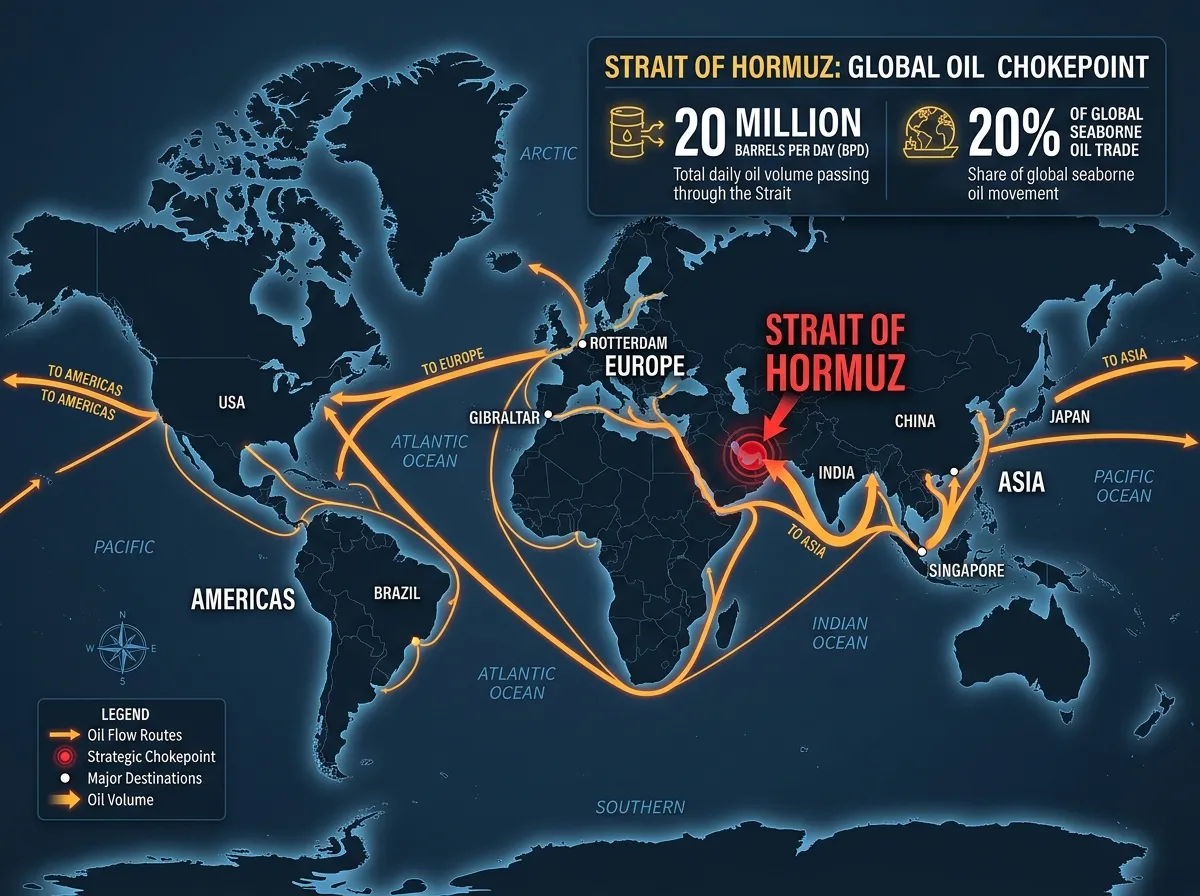 World map showing oil shipping routes through the Strait of Hormuz highlighted in red
