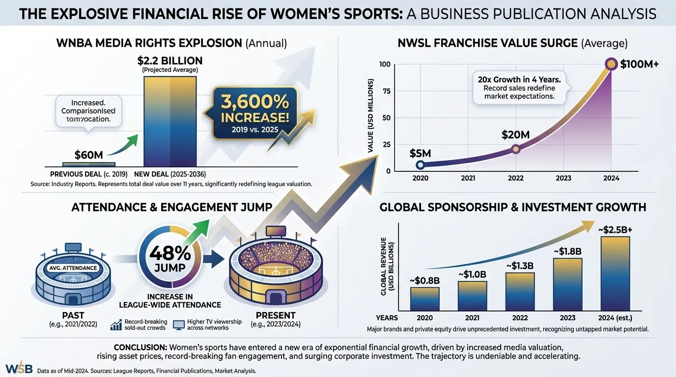 Infographic showing exponential growth in women's sports media deals and valuations