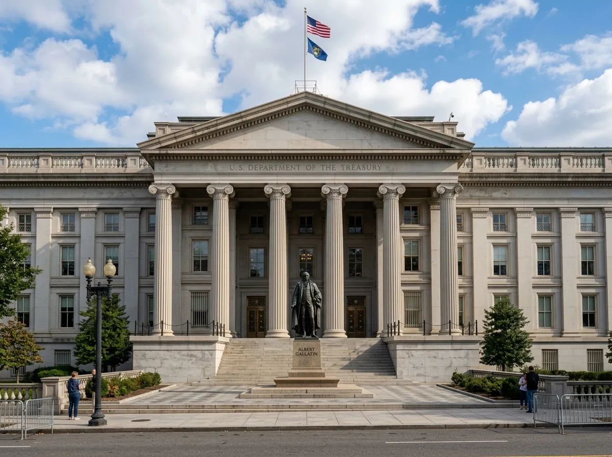 The U.S. Treasury Department building exterior with neoclassical columns under bright daylight