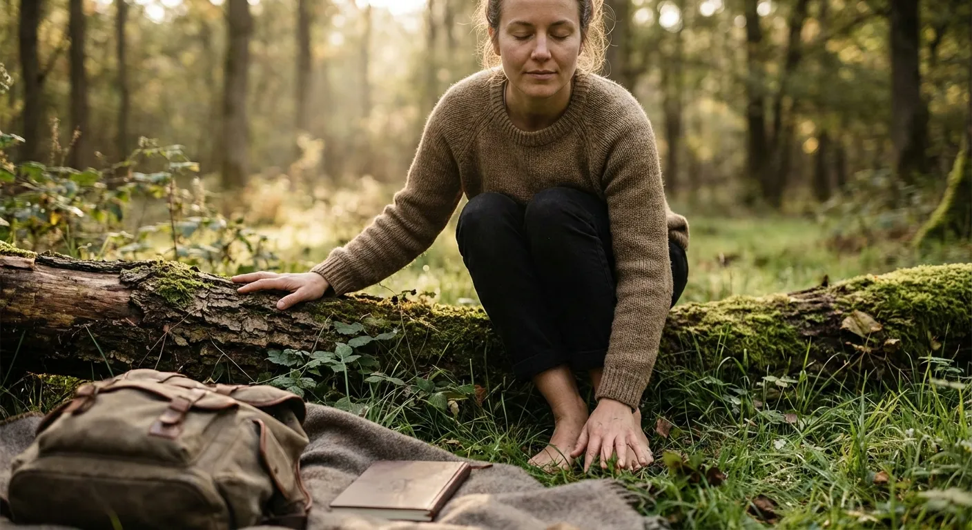 Person practicing grounding technique with focus on present moment sensations