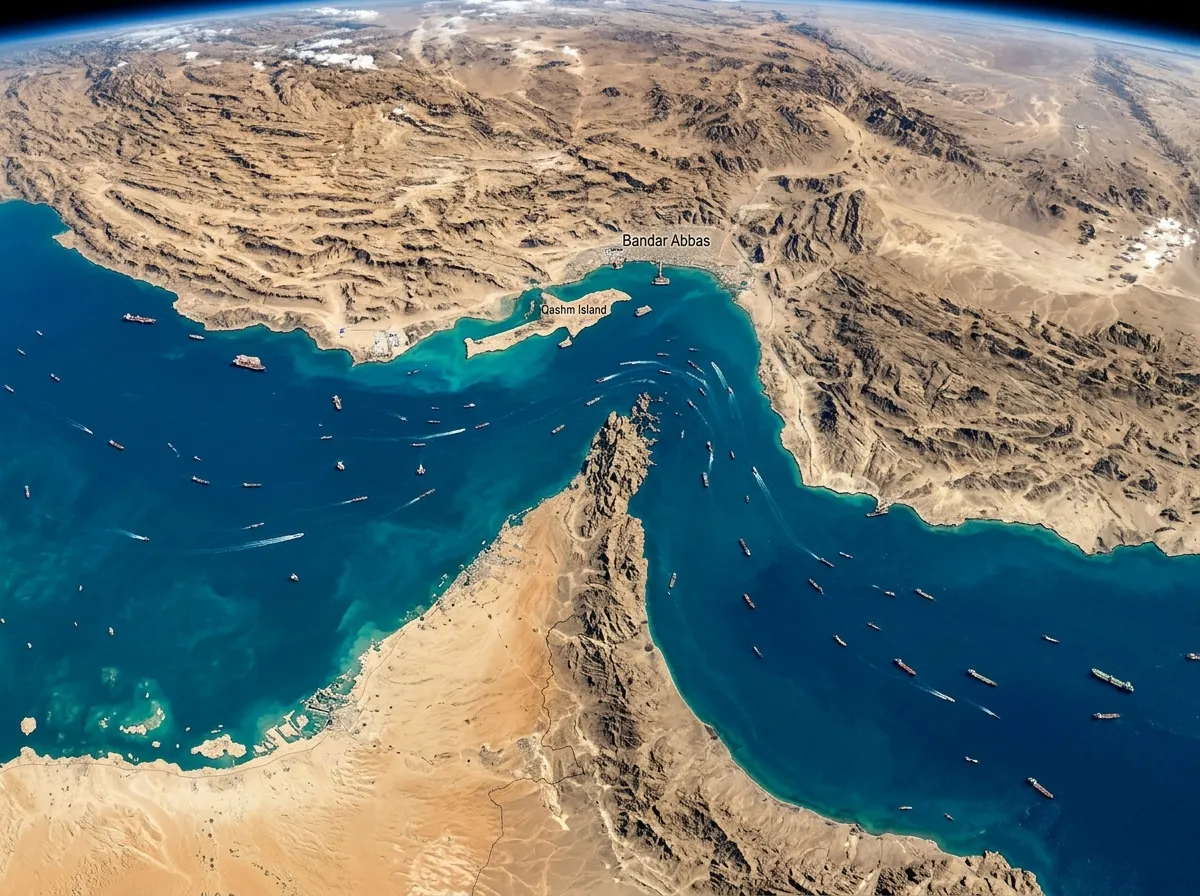 A satellite view of the narrow Strait of Hormuz between Iran and Oman