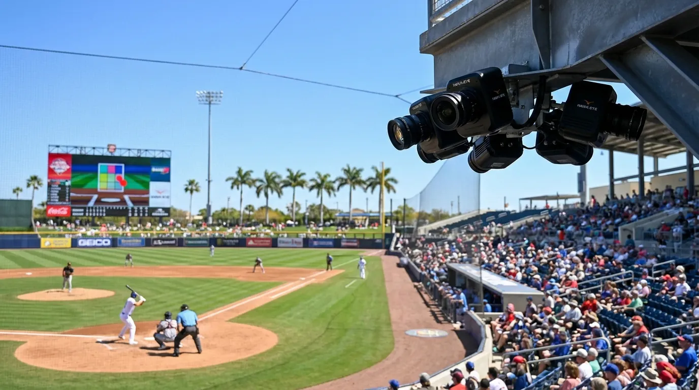 Hawk-Eye cameras positioned around a Major League Baseball stadium for automated ball-strike tracking