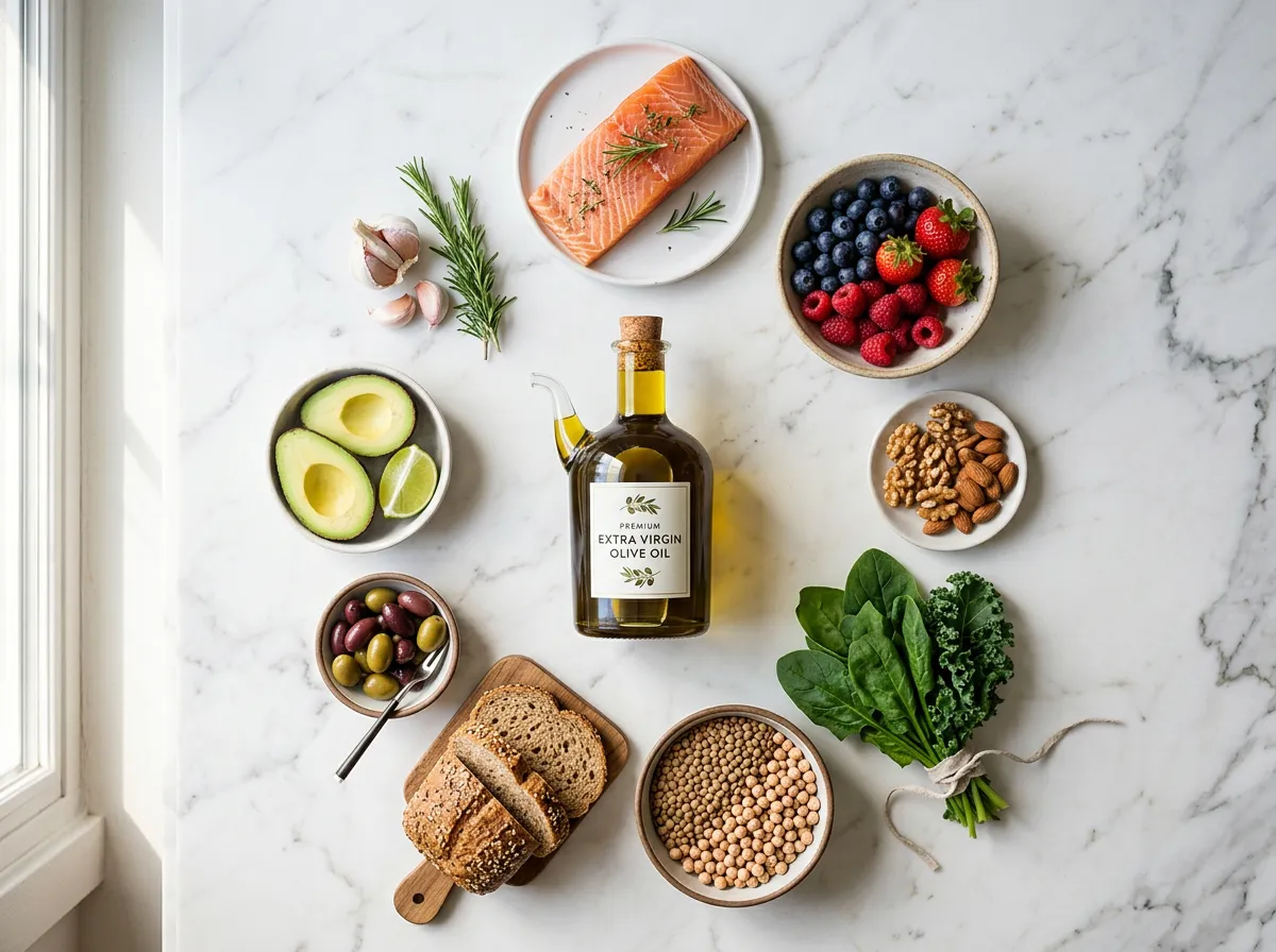 Arranged Mediterranean diet foods including olive oil salmon nuts berries and whole grains