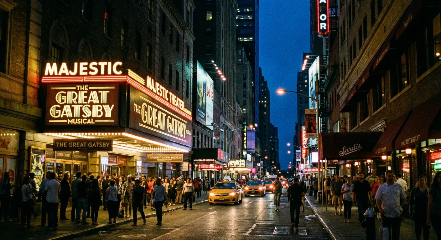 View of a Broadway theater marquee lit up at night on a busy street