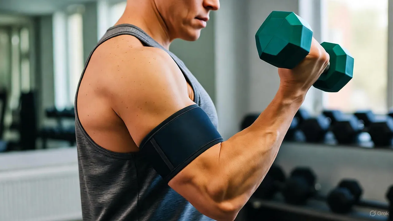 Person performing bicep curls with blood flow restriction cuffs on upper arms in a gym setting