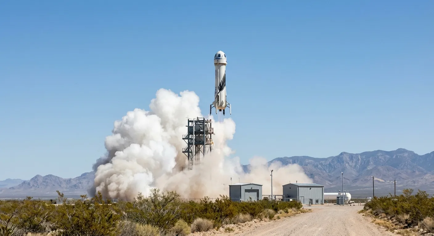 Blue Origin New Shepard rocket launching from West Texas facility with flame and smoke