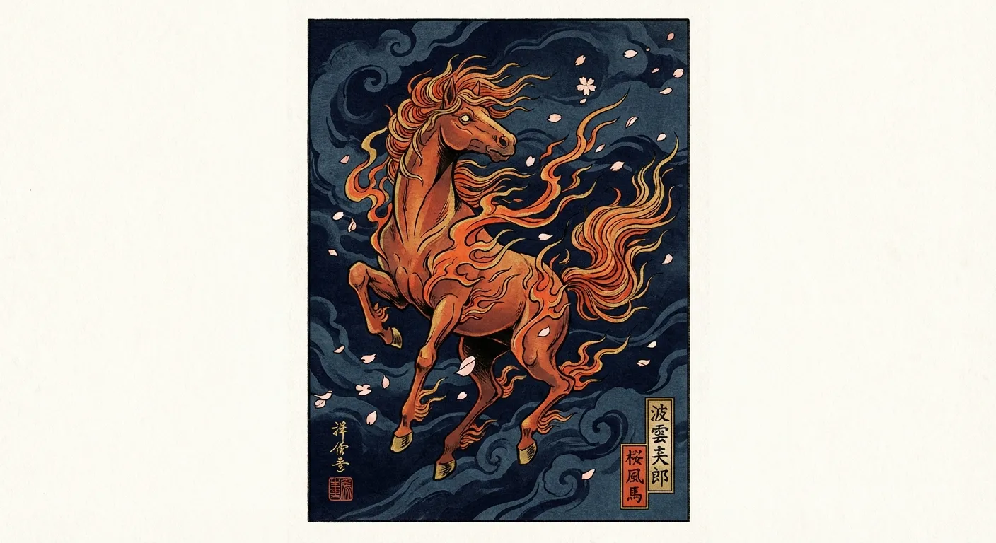 Traditional Japanese illustration of a fiery horse symbolizing the hinoeuma zodiac year