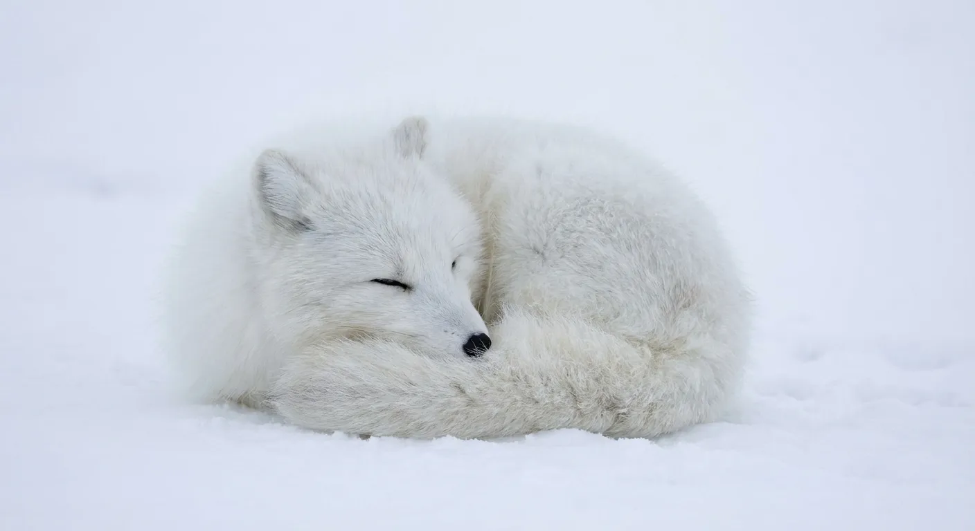 Arctic fox curled into a ball with fluffy white winter coat in snowy environment