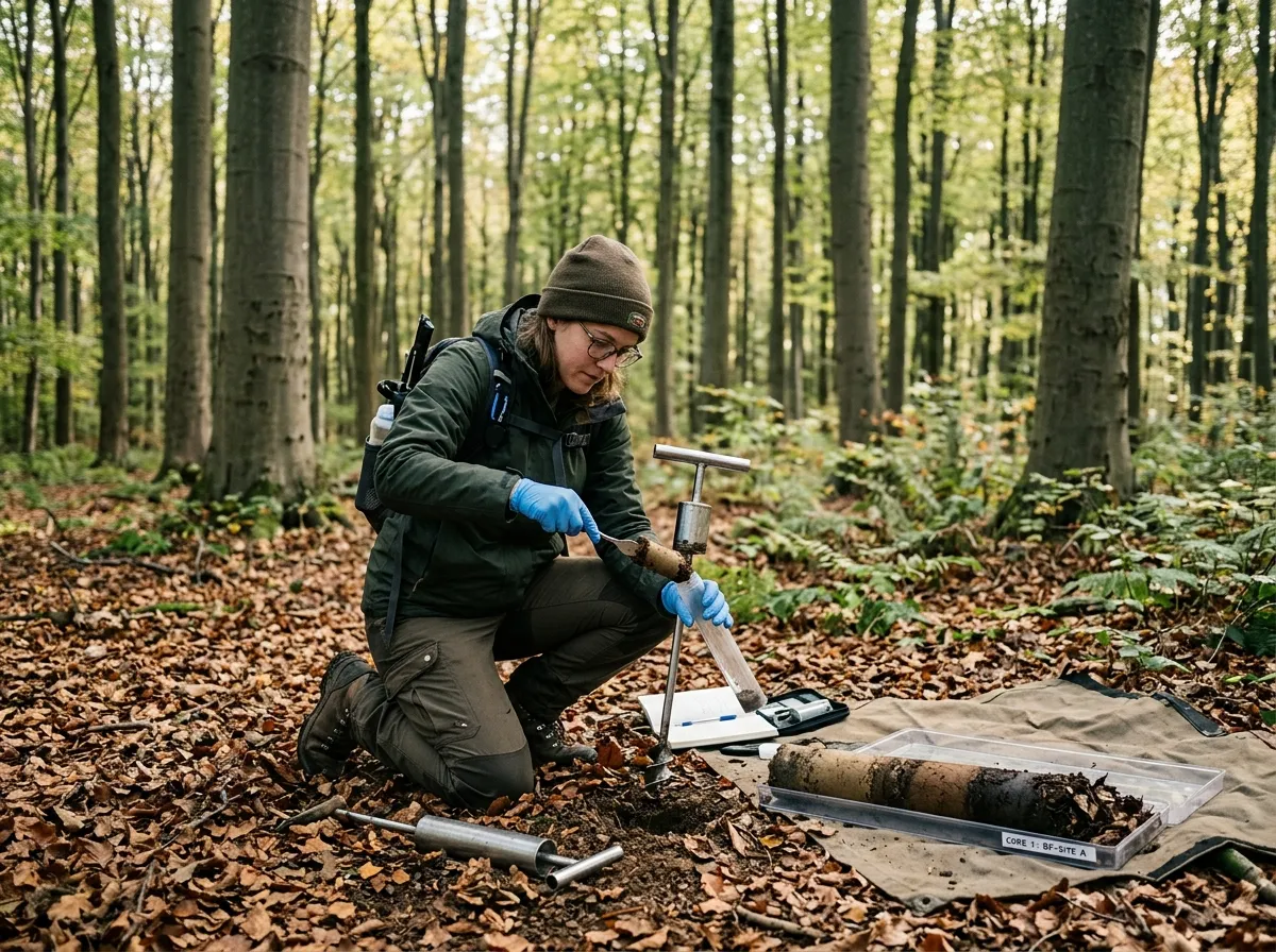 Researcher in a German forest collecting soil samples from leaf litter layer