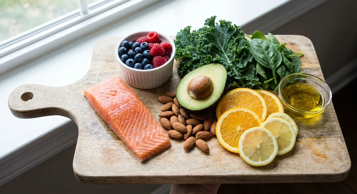 Colorful array of skin-healthy foods including salmon, berries, avocado, and nuts