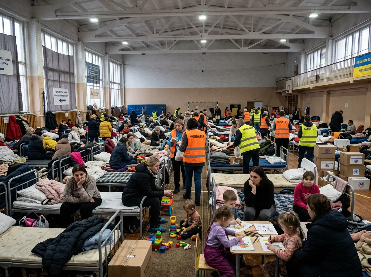 Families with luggage and children waiting in a large transit shelter